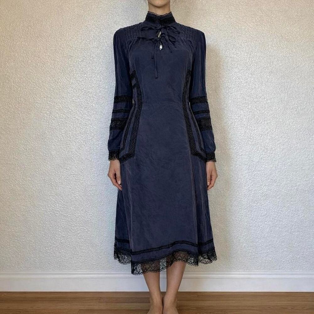 Vintage 100% Silk Derek Lam 10 Crosby Navy Victorian Midi Dress Size 8 Medium